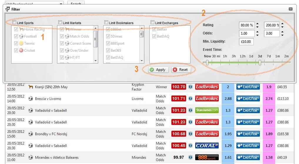 odds matcher filter explained